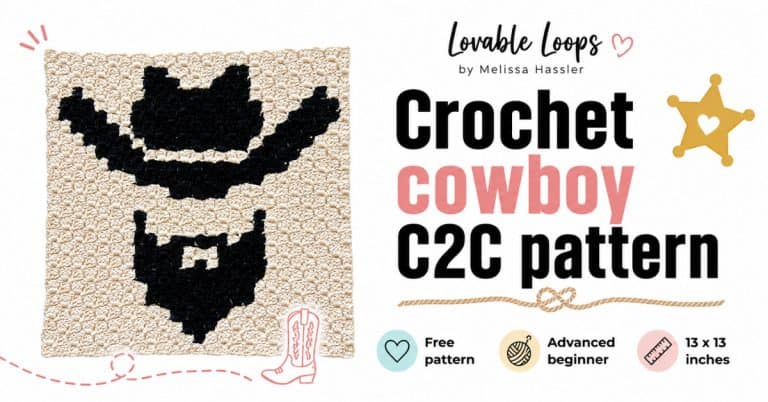 Featured image for a crochet cowboy C2C pattern showing a black cowboy hat and beard crochet square on a cream background, with bold black and coral text, cowboy boot artwork, and callouts for free pattern, advanced beginner, and 13 x 13 inches.