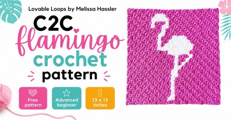 Wide C2C flamingo crochet pattern graphic with a pink and white flamingo crochet square, bright white background, tropical accents, and Lovable Loops by Melissa Hassler branding.