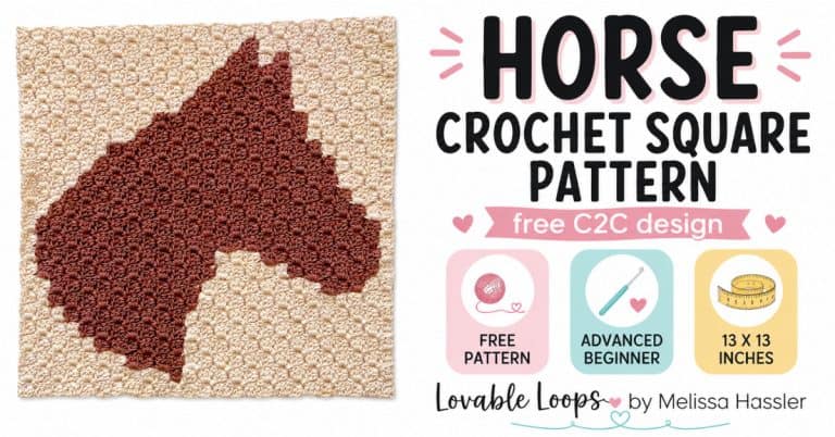 Featured image for a horse crochet square pattern showing a brown horse head C2C panel with large black text, pastel craft icons, and callouts for free pattern, advanced beginner, and 13 x 13 inches.