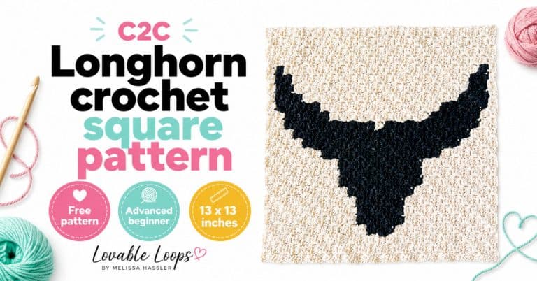 Featured image for a C2C longhorn crochet square pattern showing a black longhorn crochet panel on a bright white background with large readable text and callouts for free pattern, advanced beginner, and 13 x 13 inches.