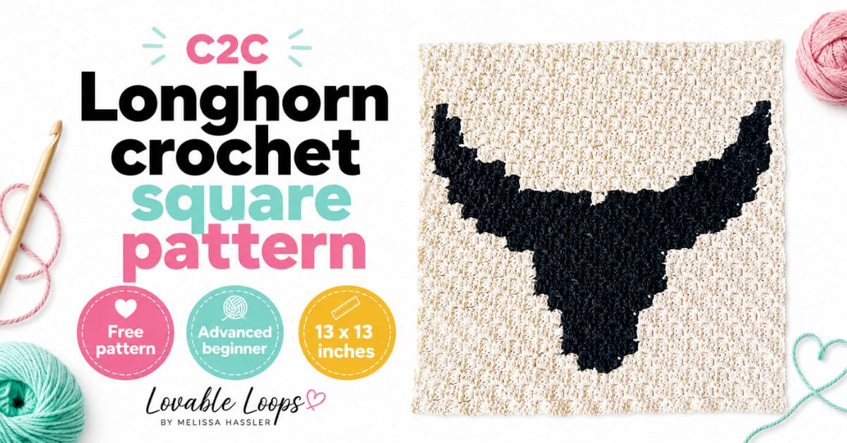 Featured image for a C2C longhorn crochet square pattern showing a black longhorn crochet panel on a bright white background with large readable text and callouts for free pattern, advanced beginner, and 13 x 13 inches.