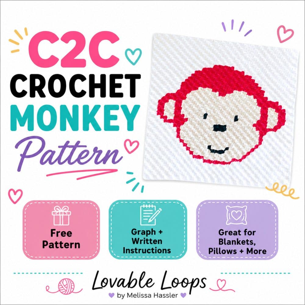 Square graphic for a C2C crochet monkey pattern showing a red and cream monkey face crochet square on a clean white background with callouts for free pattern, graph and written instructions, and great for blankets, pillows, and more.