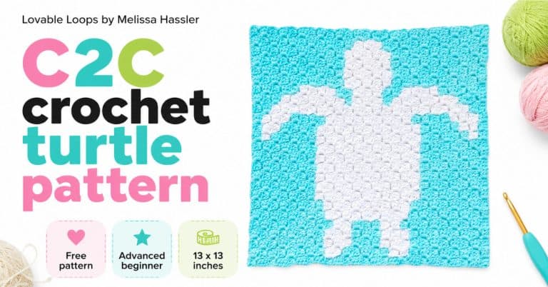 Wide C2C crochet turtle pattern graphic featuring a white sea turtle crochet square on an aqua background with bright white space, yarn accents, and Lovable Loops by Melissa Hassler branding.