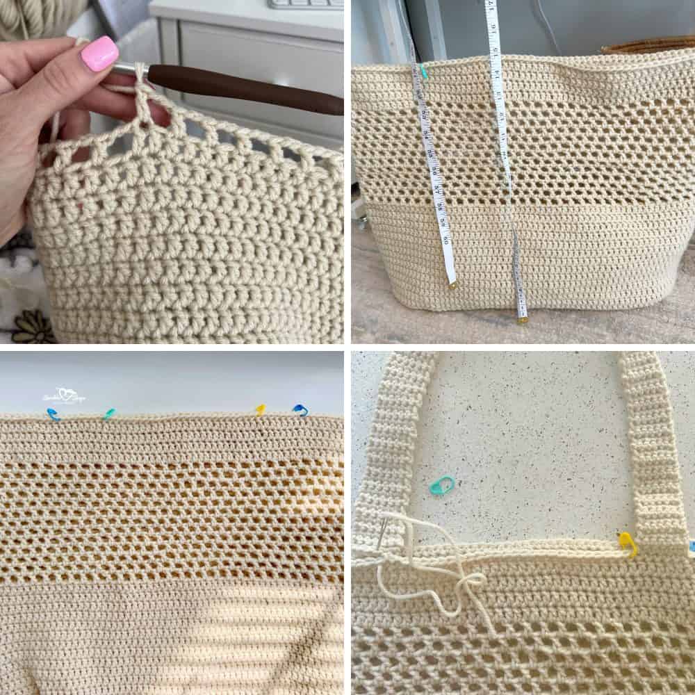 Four-photo collage showing a crochet beach bag pattern in progress, including the mesh section, finished bag measurements, stitch markers for strap placement, and crocheted straps being attached.