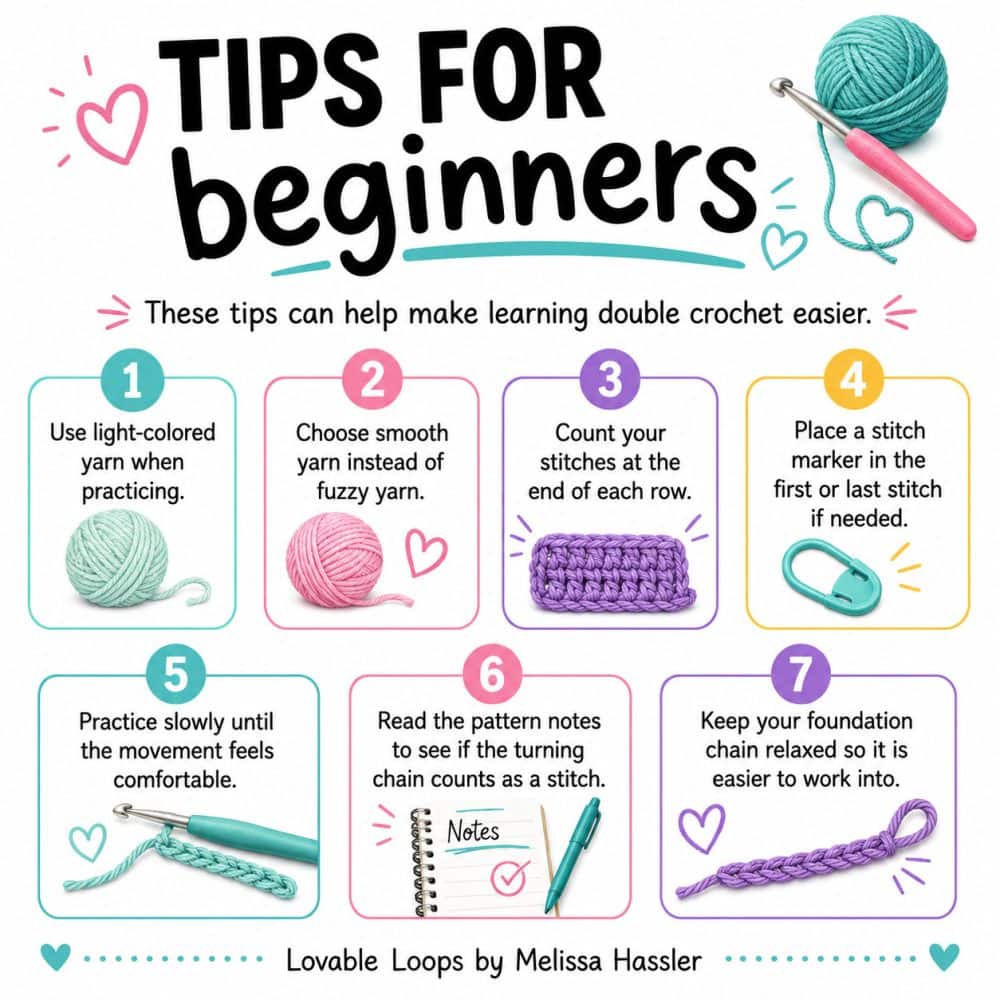 Tips for beginners learning double crochet, including using light-colored yarn, choosing smooth yarn, counting stitches, using stitch markers, practicing slowly, reading pattern notes, and keeping the foundation chain relaxed.