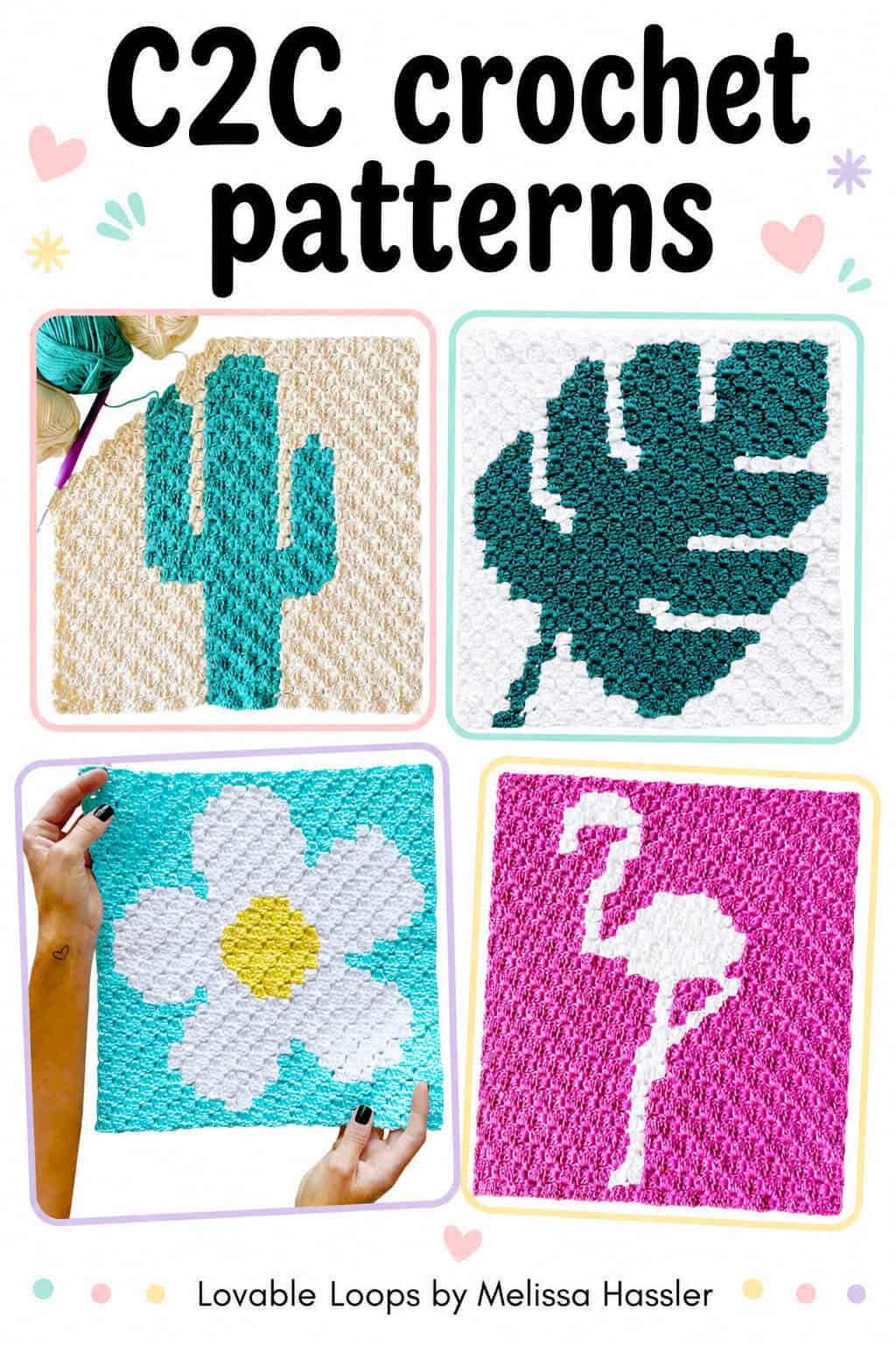C2C crochet patterns collage with cactus, monstera leaf, daisy flower, and flamingo corner-to-corner crochet panels.