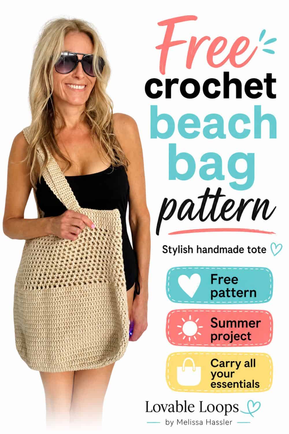 Pinterest pin for a crochet beach bag pattern showing a woman wearing a handmade beige mesh beach bag, with callouts for beginner friendly, spacious and sturdy, and perfect for beach days.