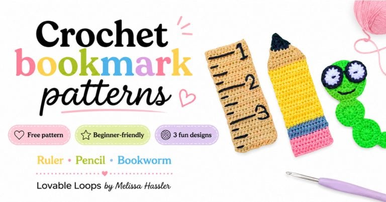 Wide blog graphic for crochet bookmark patterns featuring a ruler, pencil, and bookworm bookmark with pastel text, school-themed callouts, yarn, and a crochet hook on a white background.