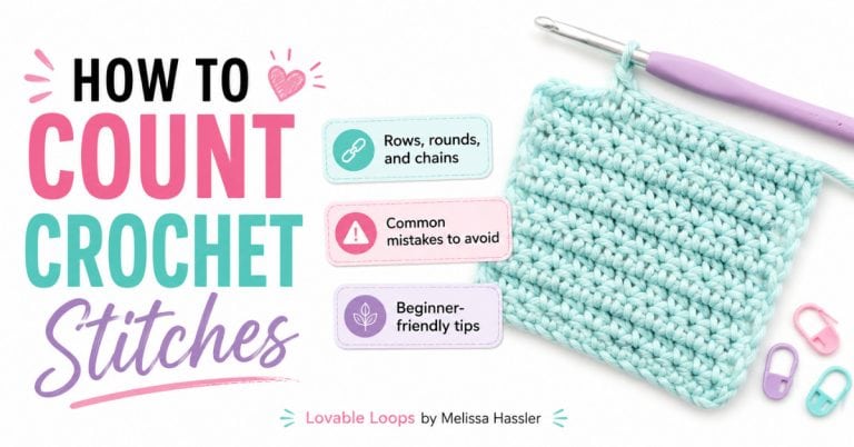 Pinterest pin for how to count crochet stitches with a crochet swatch, hook, stitch markers, and callouts for counting stitches in rows, rounds, and chains.