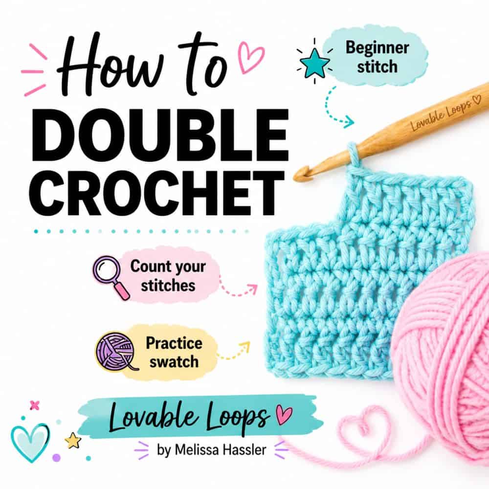 Pinterest pin for a how to double crochet tutorial, featuring a blue crochet swatch, wooden crochet hook, pink yarn ball, and callouts for beginner stitch, counting stitches, and practice swatch.
