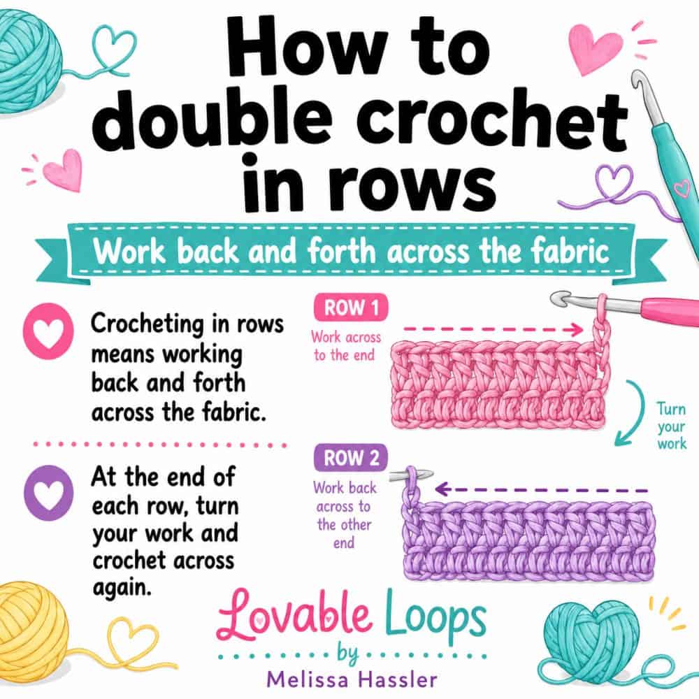 Crochet infographic showing how to double crochet in rows by working back and forth across the fabric, turning at the end of each row, and creating a flat piece of crochet fabric.
