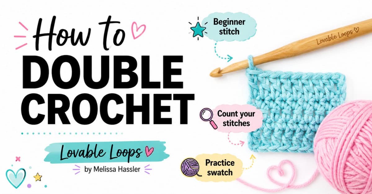 Featured image for a how to double crochet tutorial, featuring a blue crochet swatch, wooden crochet hook, pink yarn ball, and callouts for beginner stitch, counting stitches, and practice swatch.
