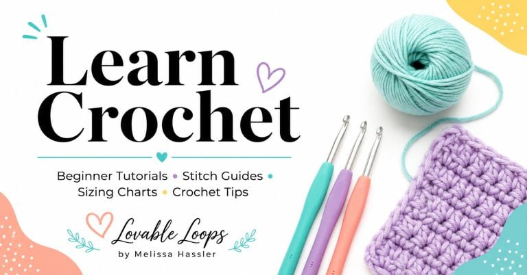 learn Crochet graphic with yarn, crochet hooks, and a purple crochet swatch for beginner tutorials, stitch guides, sizing charts, and crochet tips.
