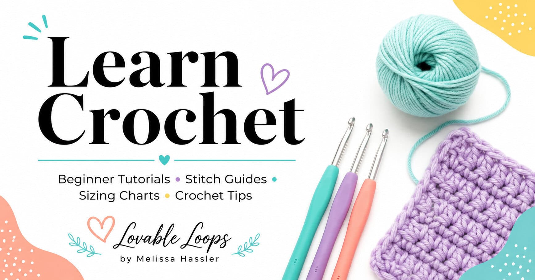 earn Crochet graphic with yarn, crochet hooks, and a purple crochet swatch for beginner tutorials, stitch guides, sizing charts, and crochet tips.