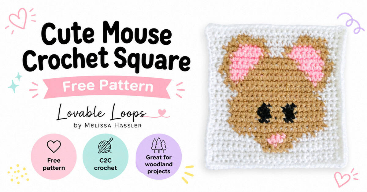 Featured image for a cute mouse crochet square pattern with a white background, large black title, pink “Free Pattern” banner, three pastel callout circles, and a tan mouse crochet square with pink ears on the right. Branding reads “Lovable Loops by Melissa Hassler.”