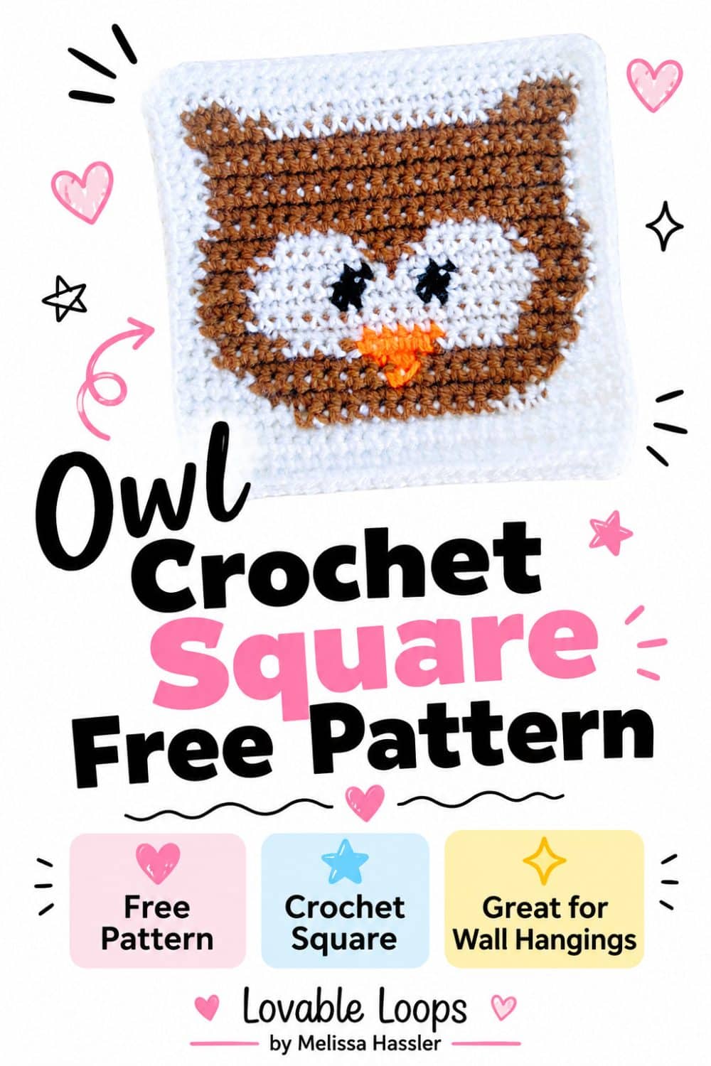 Pinterest pin for a free owl crochet square pattern showing a brown owl crochet square with pastel callouts for free pattern, crochet square, and blankets.
