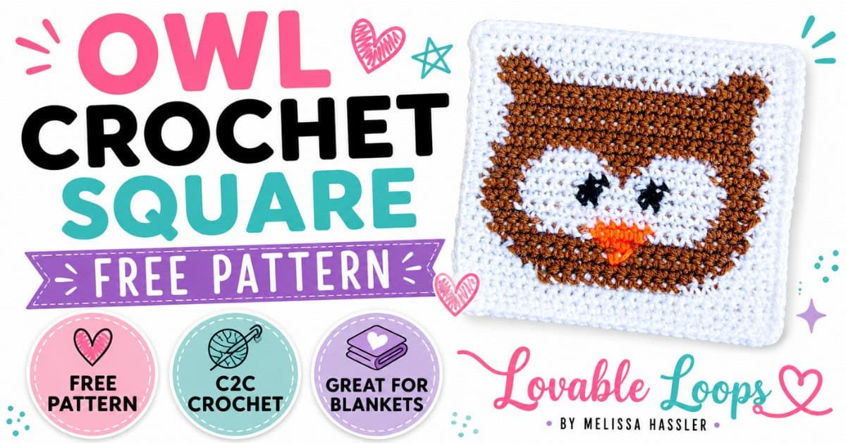 Owl crochet square pattern graphic featuring a brown and white owl crochet square with bold pink, teal, and black text and callouts for free pattern, C2C crochet, and blankets.