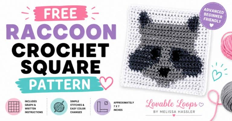 Featured image for a free raccoon crochet square pattern with a gray raccoon crochet square on a bright white background, pastel accents, and callouts for graph and written instructions, simple stitches, and 7 x 7 inch size.