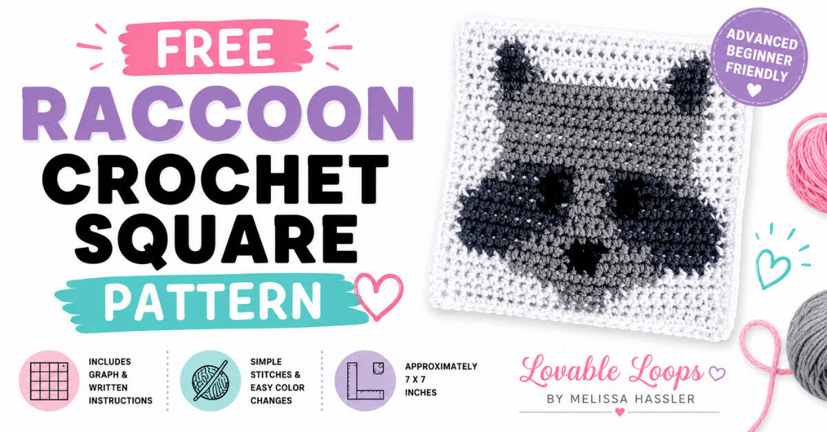 Featured image for a free raccoon crochet square pattern with a gray raccoon crochet square on a bright white background, pastel accents, and callouts for graph and written instructions, simple stitches, and 7 x 7 inch size.