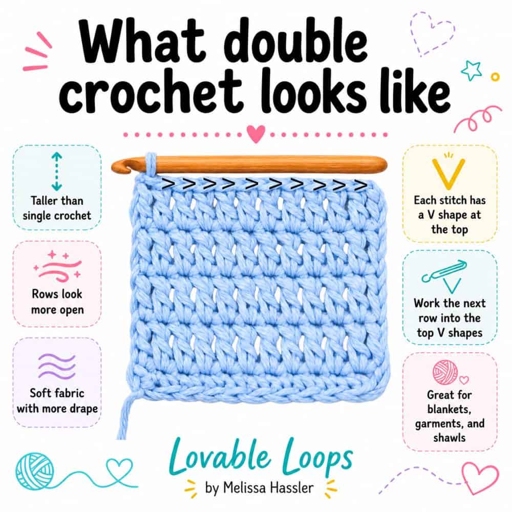 Infographic showing what double crochet looks like, including a blue double crochet swatch with V shapes at the top of each stitch, open rows, soft drape, and notes about working the next row into the top V shapes.