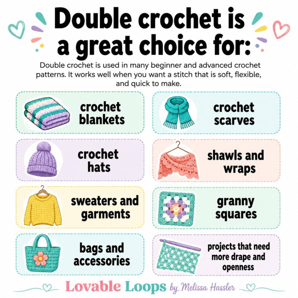 Crochet infographic showing common double crochet projects, including blankets, scarves, hats, shawls, sweaters, granny squares, bags, and projects with drape and openness.