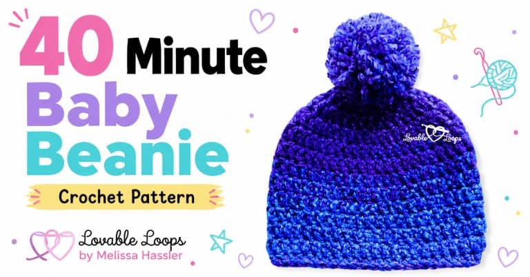 Wide featured image with bold 40 Minute Baby Beanie Crochet Pattern text on the left and a purple-to-blue crochet pom-pom hat on the right.