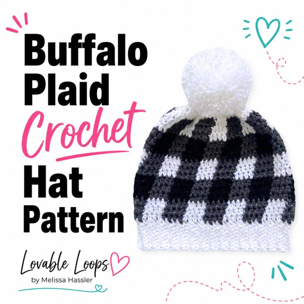 Square graphic featuring a black, gray, and white buffalo plaid crochet hat beside large black and pink text reading Buffalo Plaid Crochet Hat Pattern.