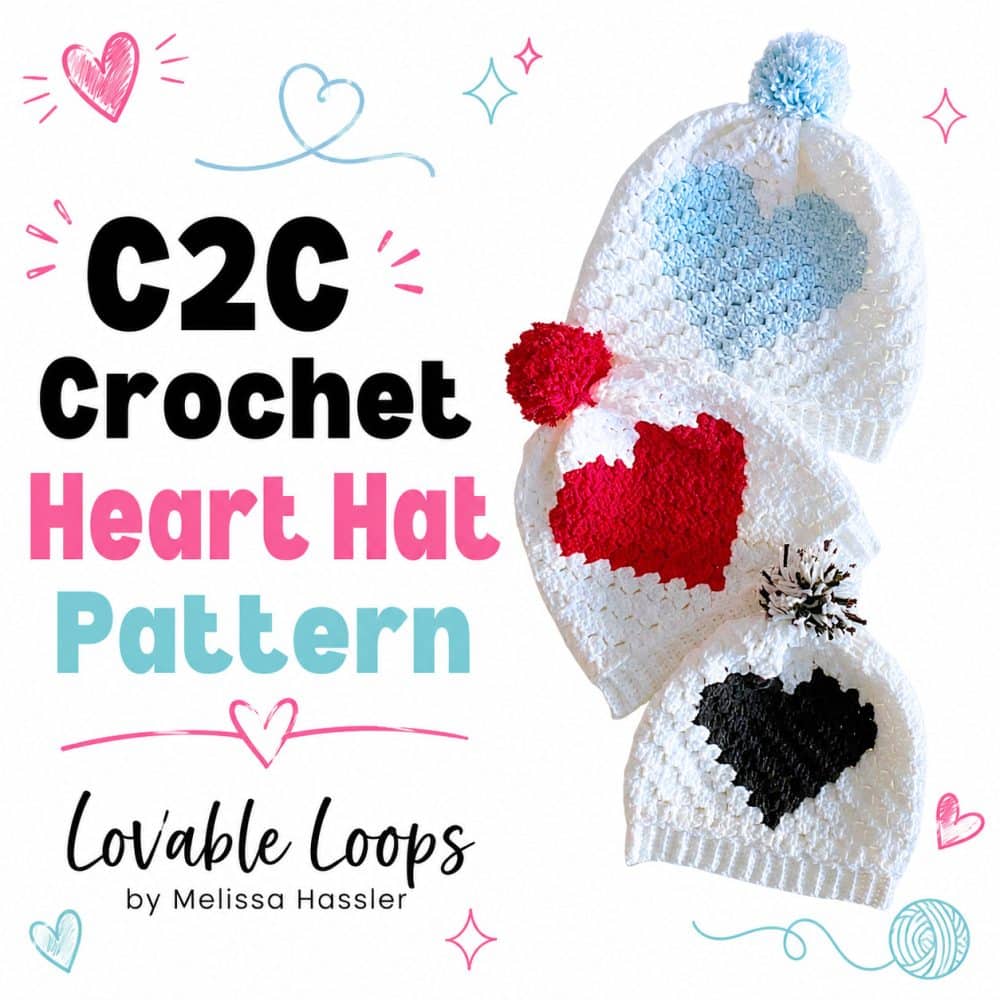 Square graphic featuring three white C2C crochet heart hats with blue, red, and black hearts beside bold black, pink, and aqua text reading C2C Crochet Heart Hat Pattern.