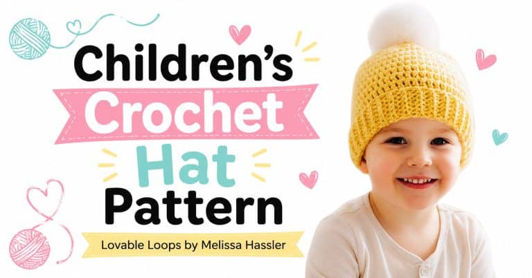 Wide featured image with bold Children’s Crochet Hat Pattern text on the left and a smiling child wearing a yellow pom pom beanie on the right.
