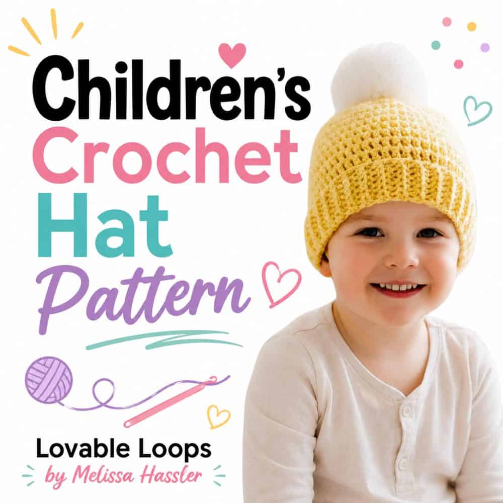 Square featured image showing a smiling child in a yellow textured crochet hat with a white pom pom beside colorful pattern text and yarn-themed doodles.