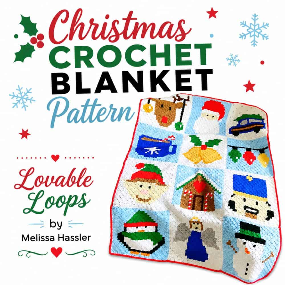 Square Christmas crochet blanket pattern image with red and green title text, snowflake accents, Lovable Loops branding, and a finished holiday C2C blanket.