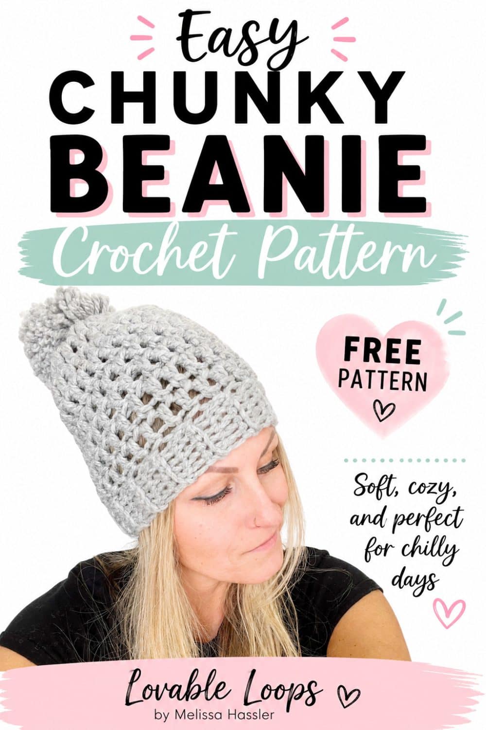 Pinterest graphic showing a woman modeling a gray chunky crochet beanie with a pom pom beside text reading “Easy Chunky Beanie Crochet Pattern,” “Free Pattern,” and “Soft, Cozy, and Perfect for Chilly Days.”