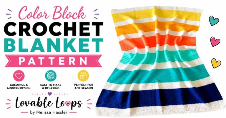 Featured image for a color block crochet blanket pattern with a colorful striped crochet blanket, large bold pastel text, project highlight icons, and Lovable Loops by Melissa Hassler branding.