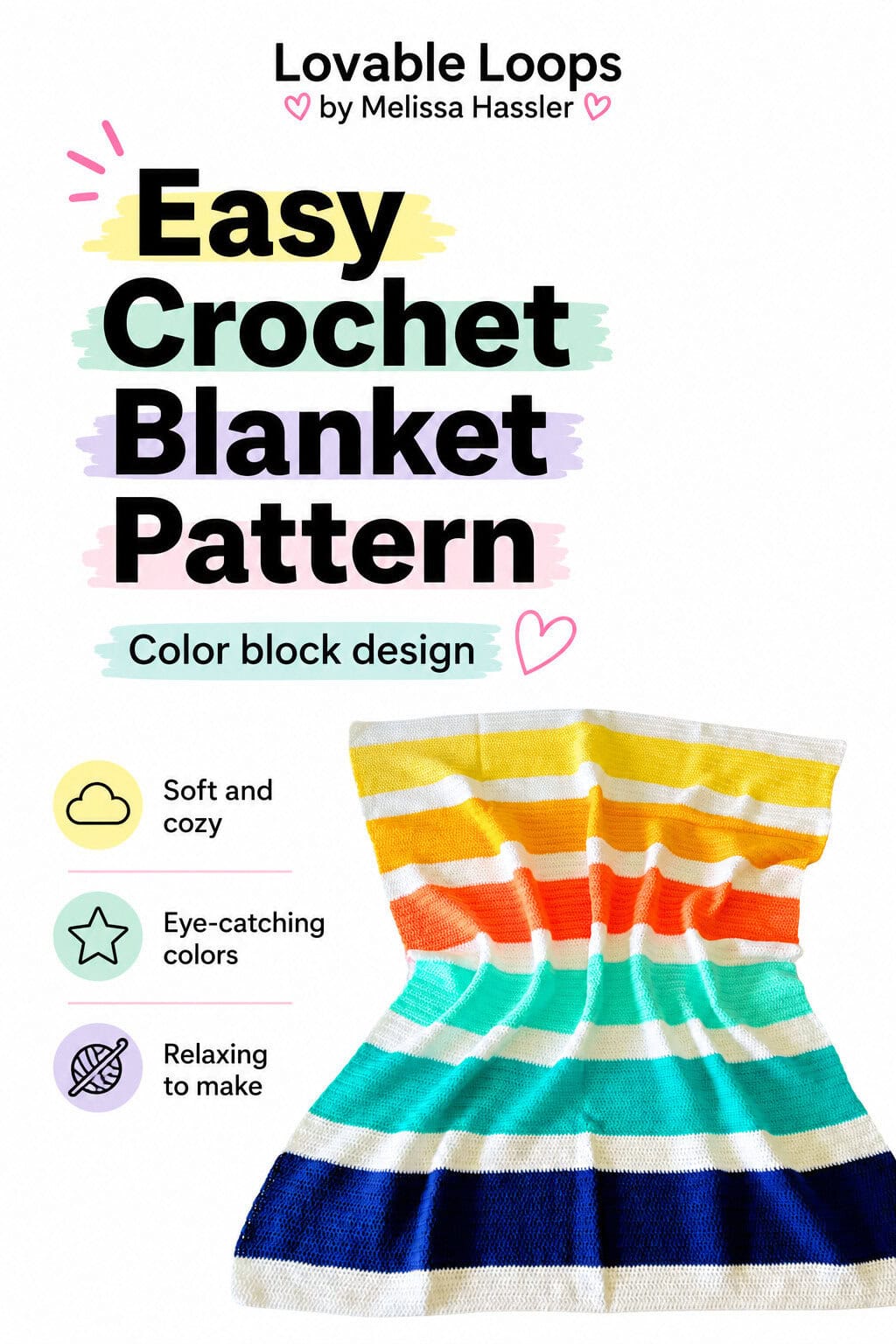 Pinterest pin for a color block crochet blanket pattern featuring a bright striped blanket in yellow, orange, coral, aqua, teal, navy, and white with bold beginner-friendly text.