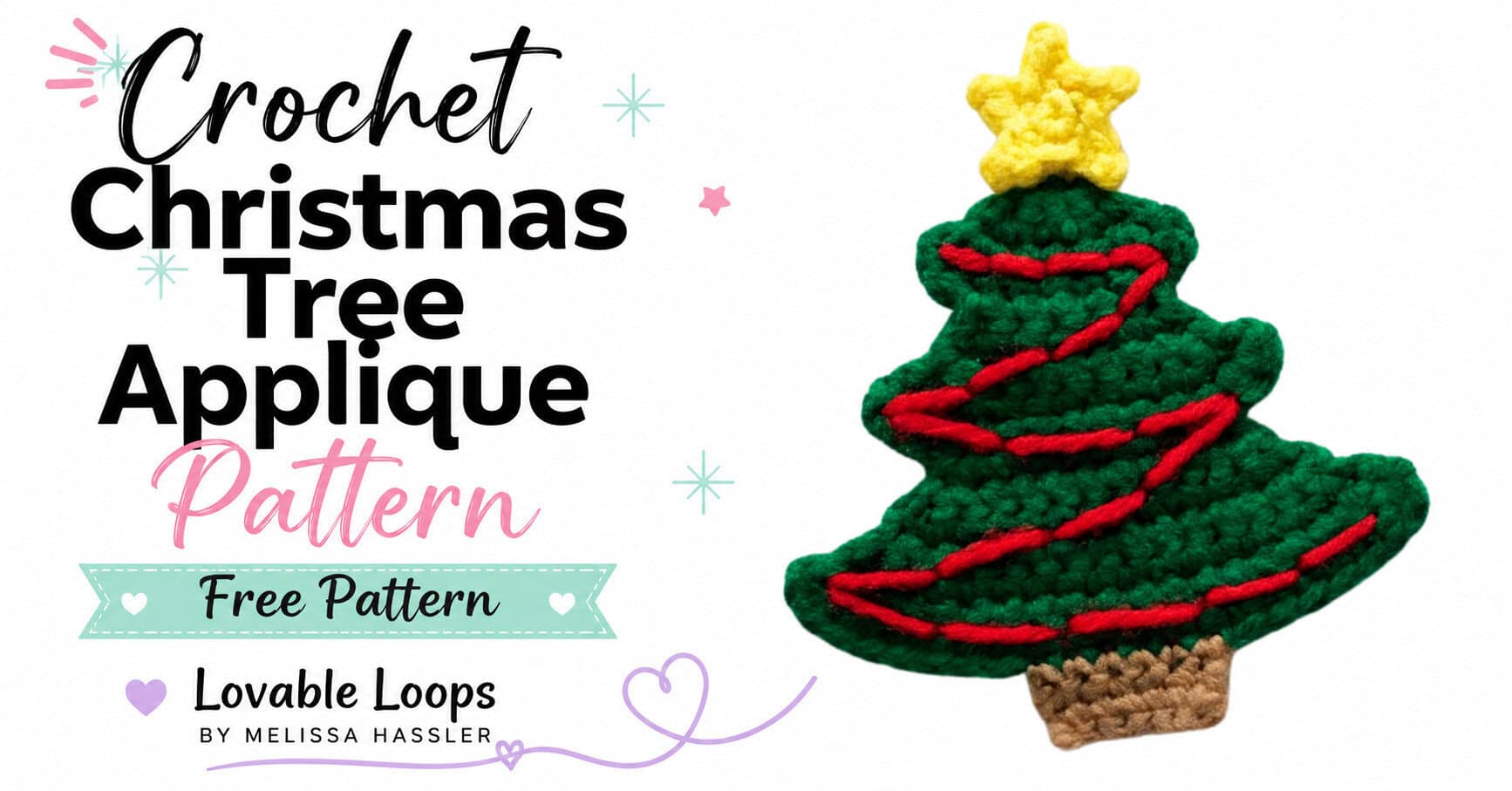 Landscape featured image showing the green crochet Christmas tree applique with red garland and yellow star beside large text reading “Crochet Christmas Tree Applique Pattern” and “Free Pattern” on a bright white background.