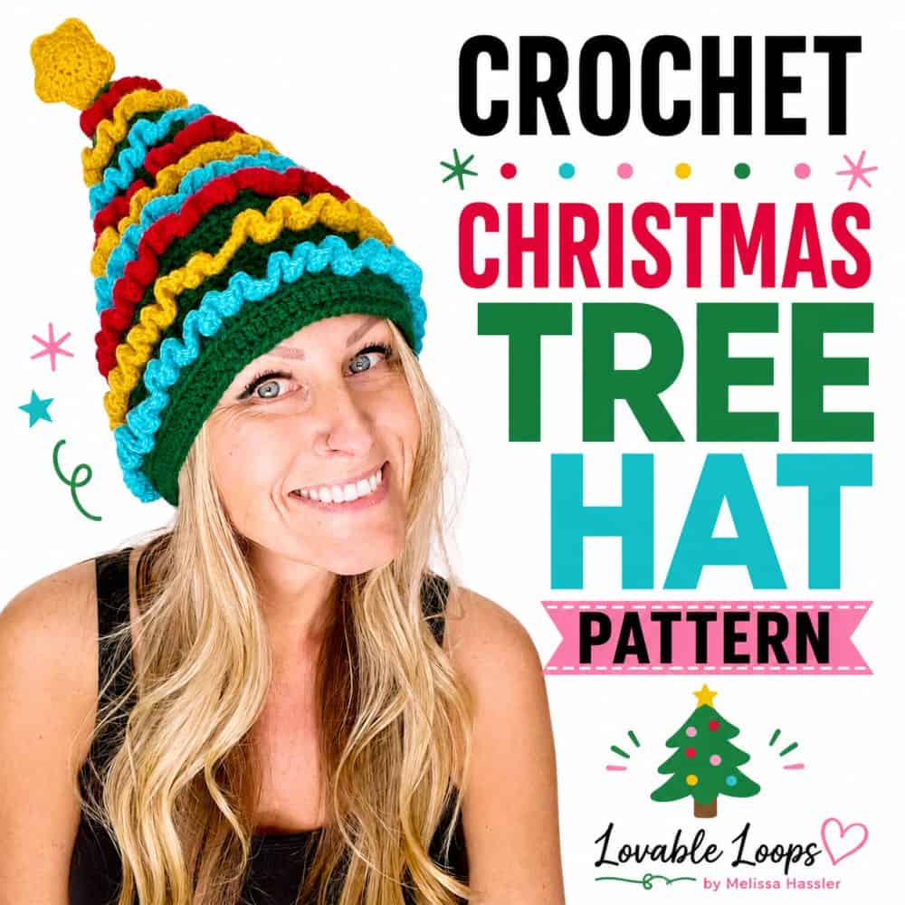 Square crochet Christmas tree hat pattern image featuring a smiling woman wearing a tall green tree-inspired hat decorated with red, yellow, and aqua ruffles and finished with a yellow crochet star.