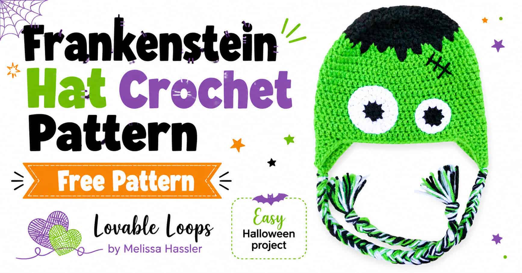 Landscape featured image showing a green crochet Frankenstein hat with black hair, mismatched eyes, a stitched scar, ear flaps, and braided ties beside text reading “Frankenstein Hat Crochet Pattern,” “Free Pattern,” and “Easy Halloween Project.”