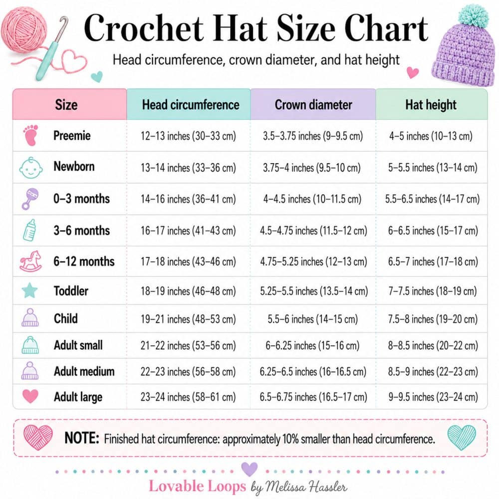 Square crochet hat size chart showing head circumference, crown diameter, and hat height for preemie, newborn, baby, toddler, child, and adult sizes, with a note that finished hat circumference is approximately 10% smaller than head circumference.