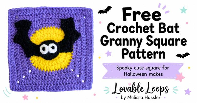 Featured image for a crochet bat granny square pattern showing a cute black bat on a purple crochet square with a yellow moon, bold black text, pastel Halloween graphics, and Lovable Loops by Melissa Hassler branding.