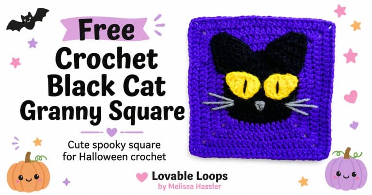 Featured image for a crochet black cat granny square pattern showing a black cat face on a purple granny square with bold title text, pastel Halloween accents, pumpkins, bats, yarn ball, and Lovable Loops branding.