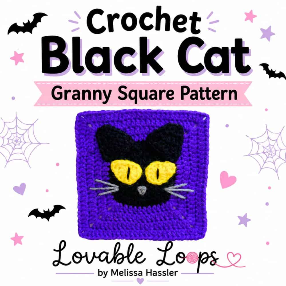 Square graphic for a crochet black cat granny square pattern featuring a handmade purple crochet square with a black cat face, bright yellow eyes, spiderwebs, bats, and Lovable Loops by Melissa Hassler branding.