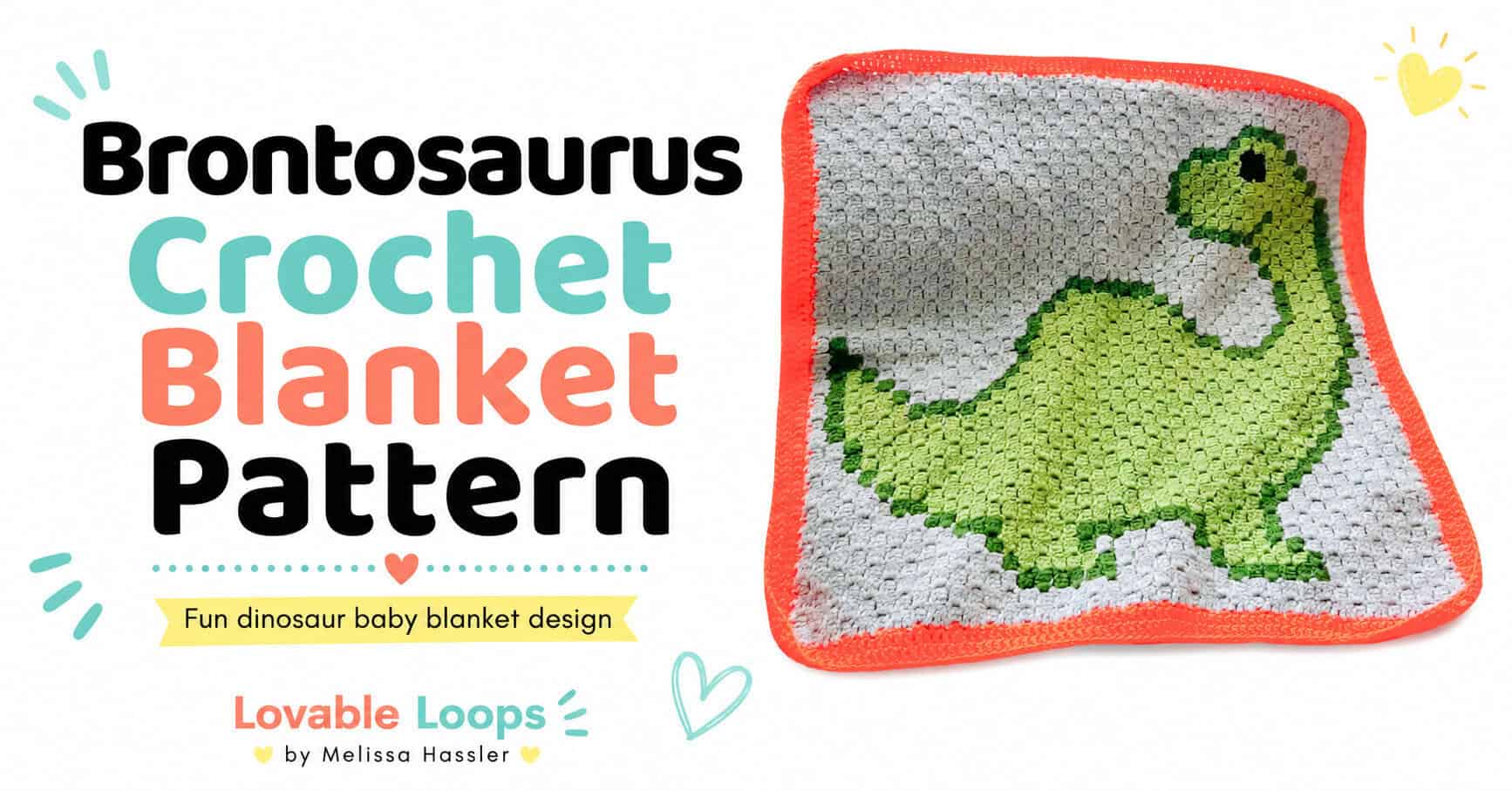 Featured image for a brontosaurus crochet blanket pattern with bold black, teal, and coral text, playful pastel accents, and the finished dinosaur blanket.
