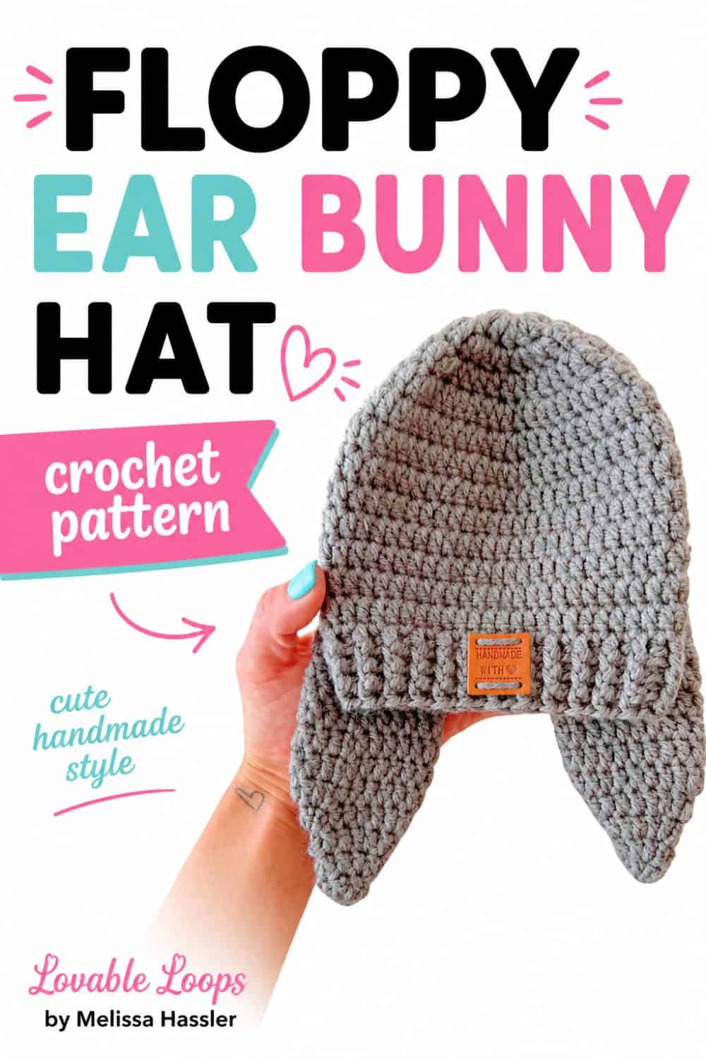 Bunny ear hat crochet pattern pin featuring a gray beanie with long floppy ears, ribbed brim, and small handmade tag held against a white background with bold pink, aqua, and black text.