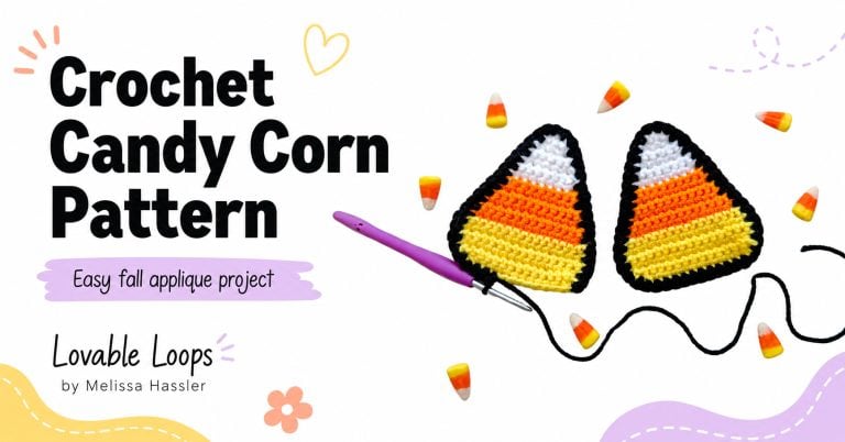 Featured image for a crochet candy corn applique pattern with handmade candy corn appliques, a purple crochet hook, black yarn, candy corn decorations, and bright pastel design details.