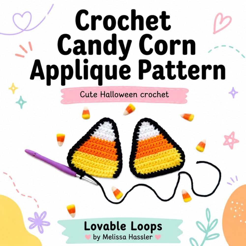 Square graphic for a crochet candy corn applique pattern featuring two candy corn crochet appliques, scattered candy corn pieces, large readable black text, and Lovable Loops branding.