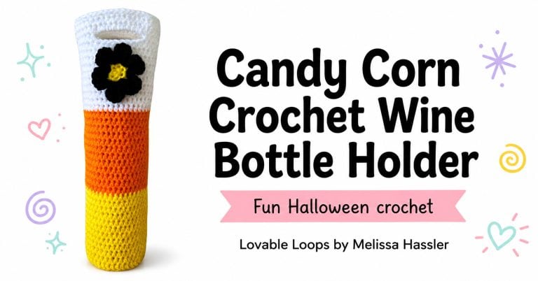 Featured image for a candy corn crochet wine bottle holder pattern showing a tall striped bottle cozy in yellow, orange, and white with a black flower applique on a bright white background.