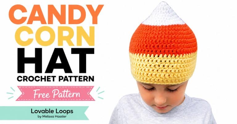 Landscape featured image showing a child wearing a yellow, orange, and white crochet candy corn hat beside text reading “Candy Corn Hat Crochet Pattern” and “Free Pattern,” with Lovable Loops by Melissa Hassler branding.