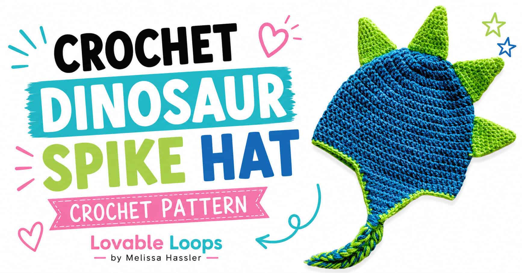 Crochet dinosaur spike hat pattern featured image showing a blue earflap beanie with lime green spikes and braided tie beside bold black, aqua, green, blue, and pink lettering.