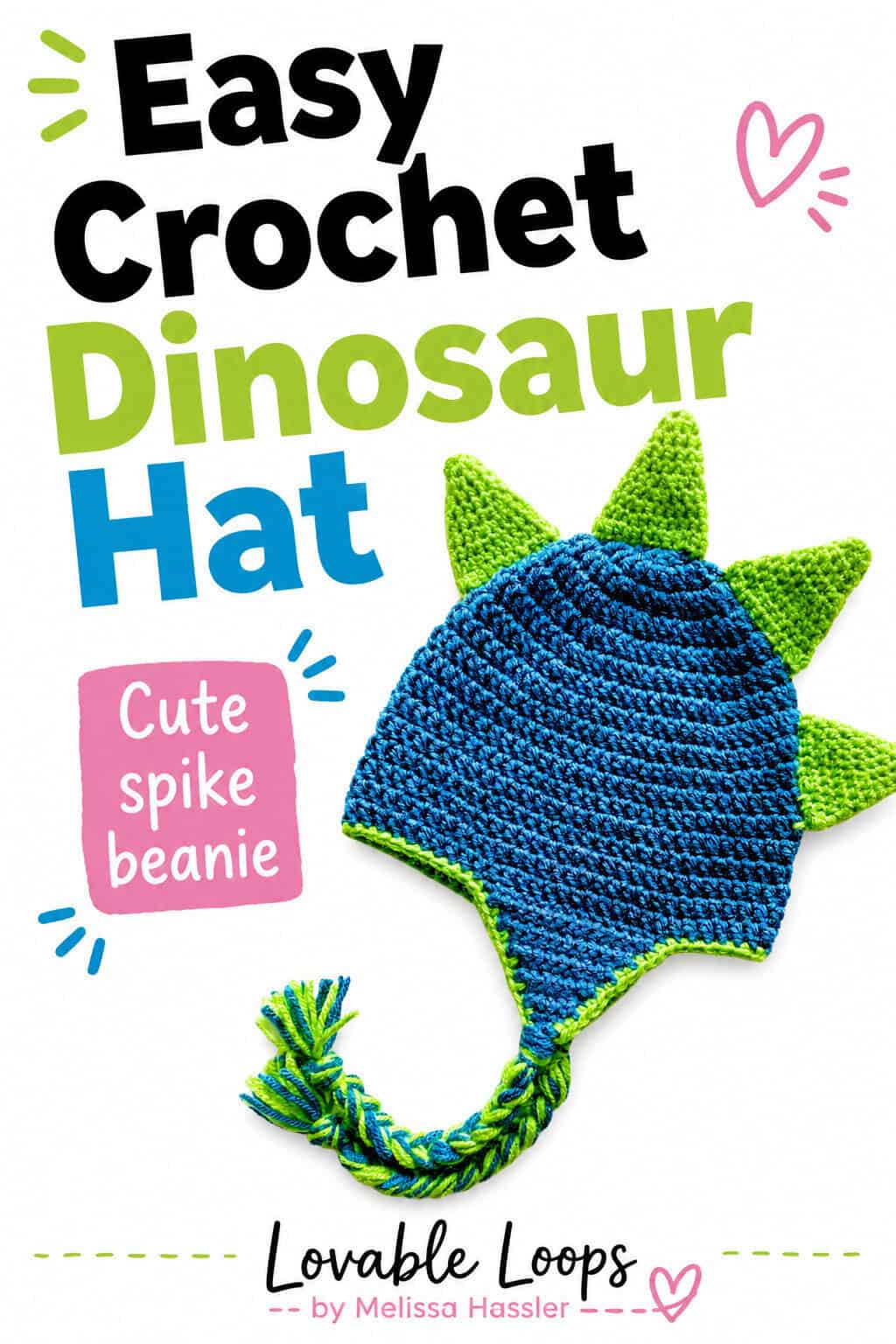 Easy crochet dinosaur hat graphic showing a textured blue beanie with lime green spikes, matching trim, earflaps, and a blue-and-green braided tie on a white background.