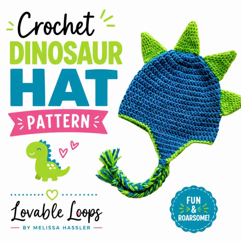 Square crochet dinosaur hat pattern image featuring a blue spike beanie with bright green dinosaur plates, green edging, braided tassel, and playful dinosaur graphics.